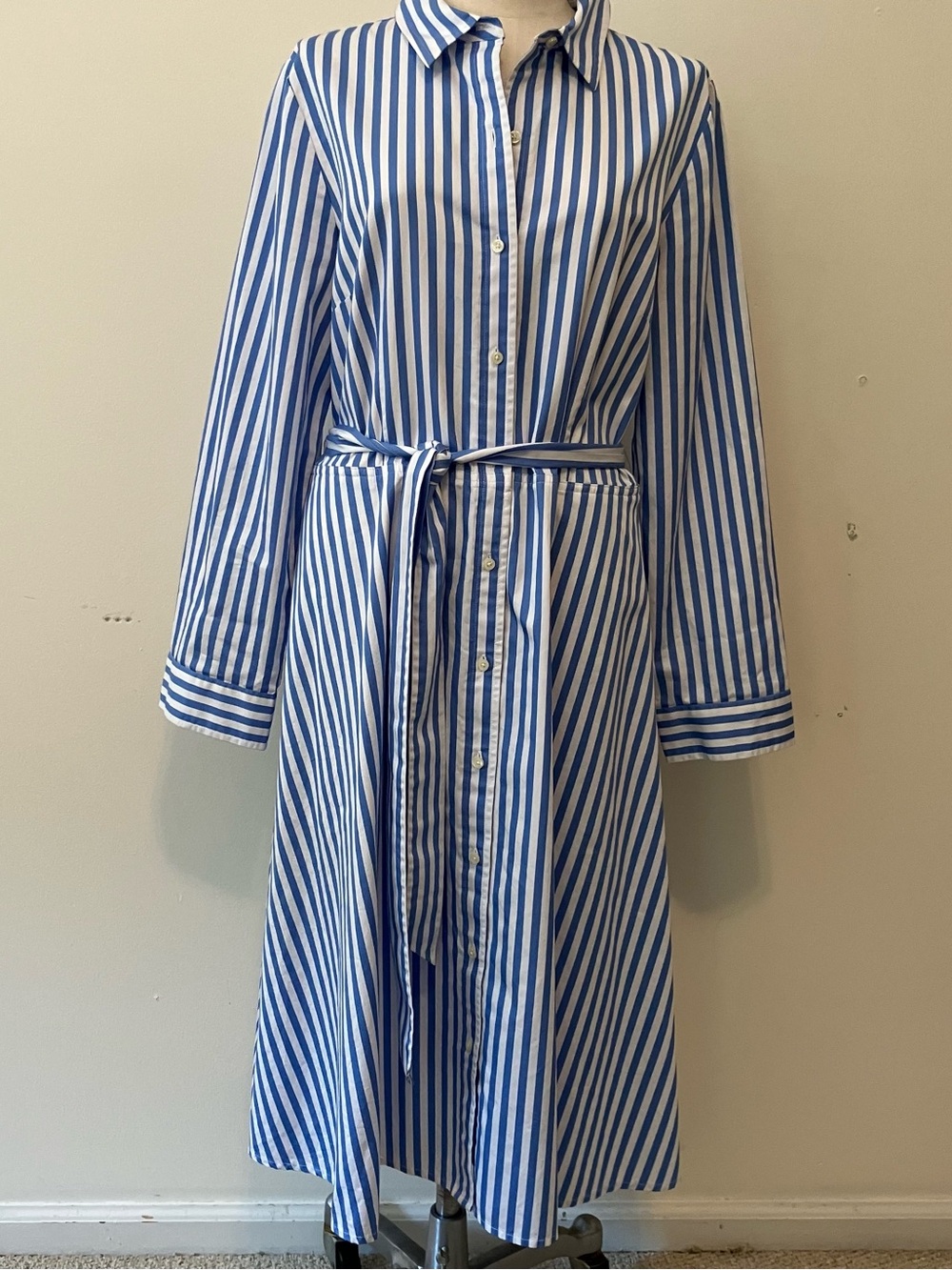 Talbots Womens Stripe Shirt Dress 14 Long Sleeve Button Front Tie Belt Midi